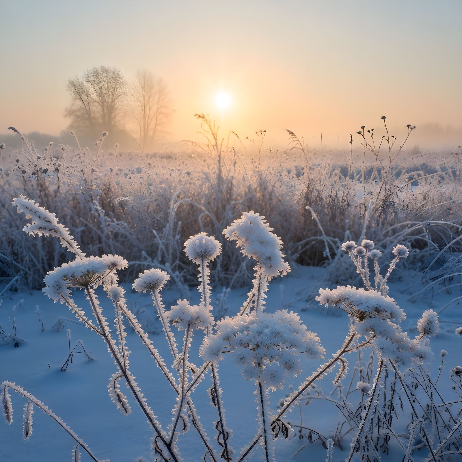 Luminous Impressionist Winter Meadow in Golden Light