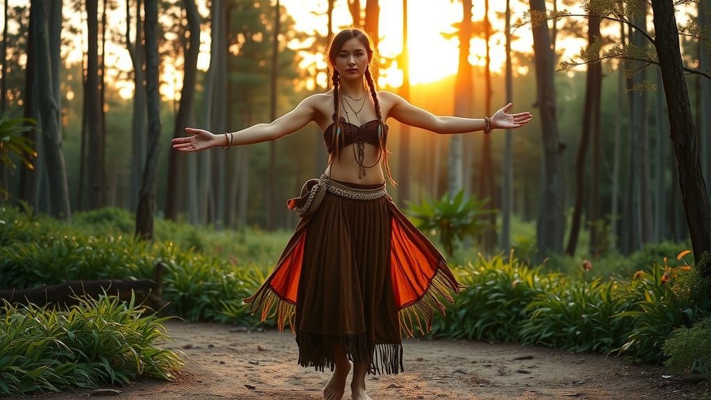 Bohemian Woman in Forest at Sunset