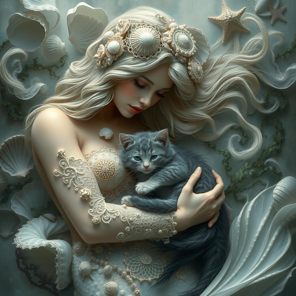Mermaid Cradling Kitten in Fantasy Realism Style