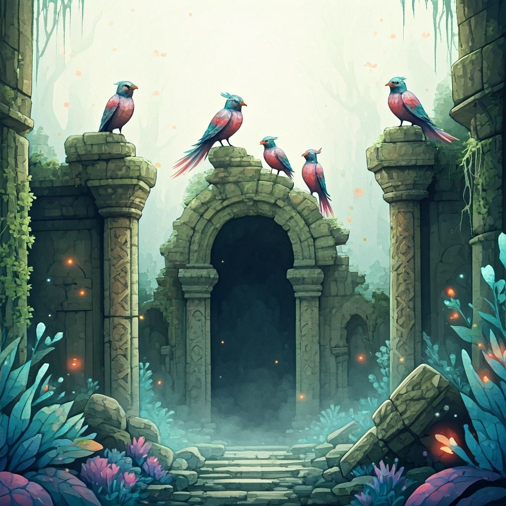 Iridescent Birds on Ancient Temple Facade in Mist