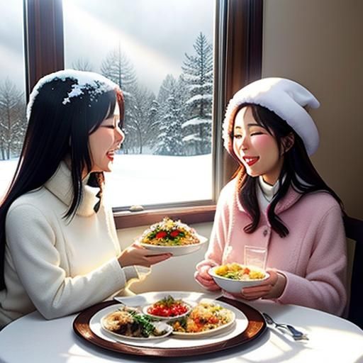 Joyful Friends Meal in Falling Snow