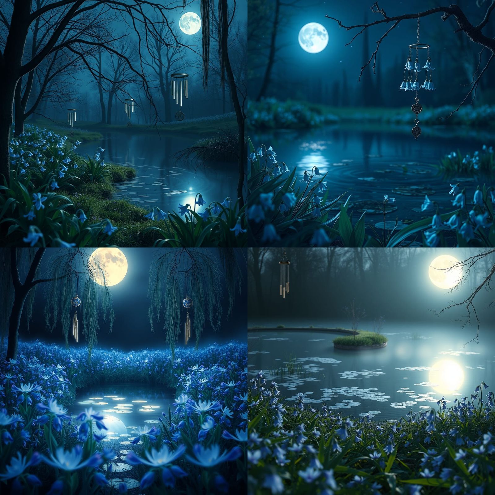 Mystical Bluebells Reflect Moonlight: Digital Art