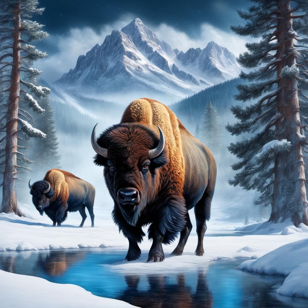 Bison Hunt in Winter Landscape, Hyperrealistic Illustration