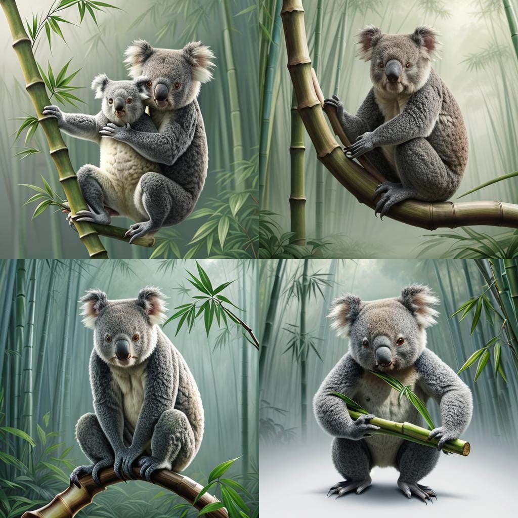 Realistic Koala Eating Bamboo on White Background