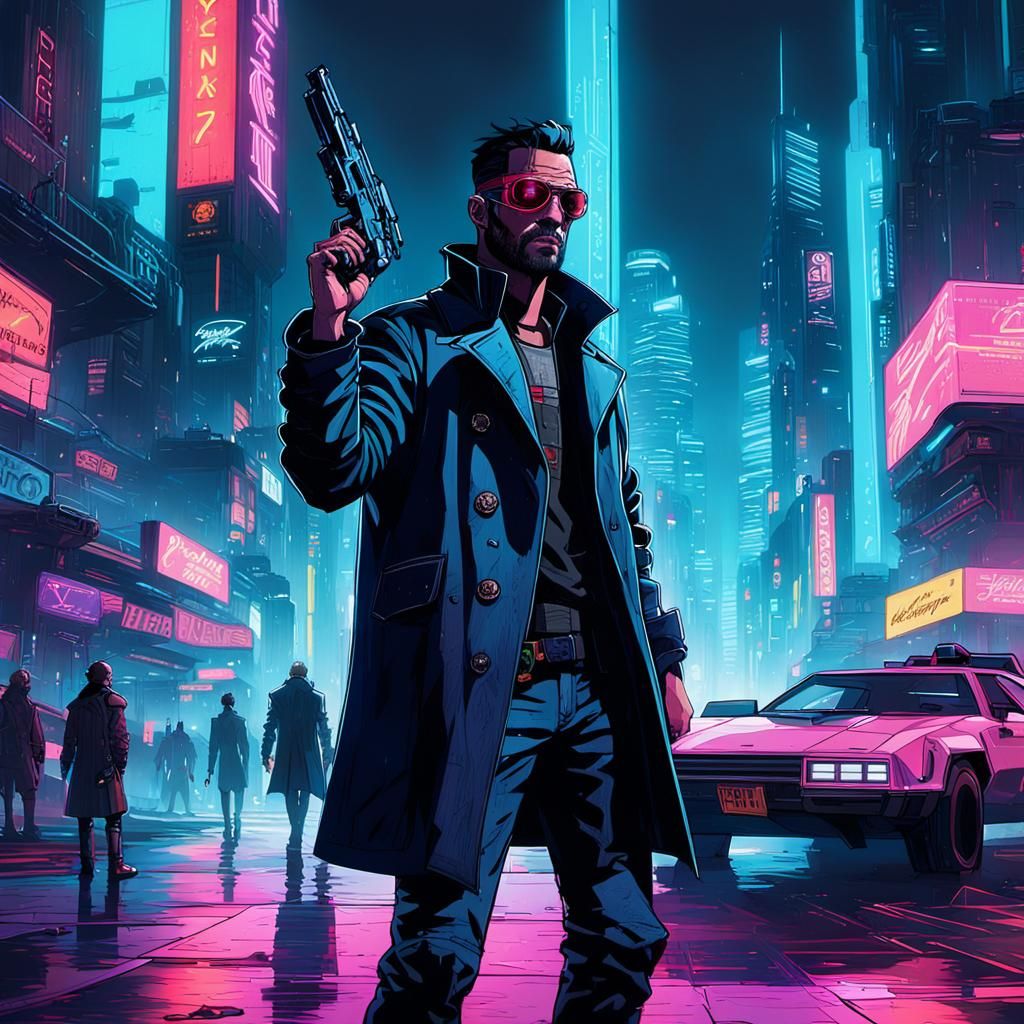 Cyberpunk Man with Laser Pistol in Neon City