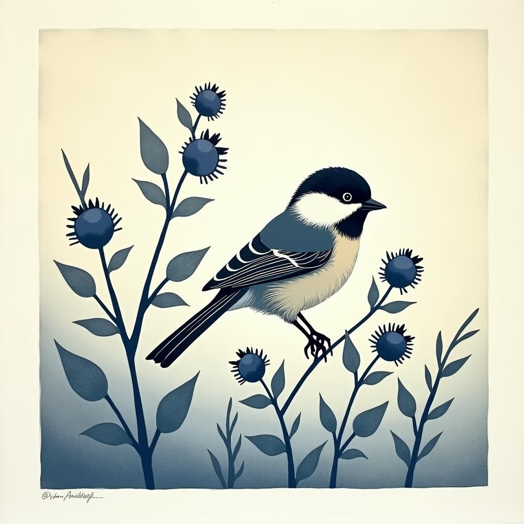 low lying wild blueberry bushes. Chickadee eating tiny blueb...