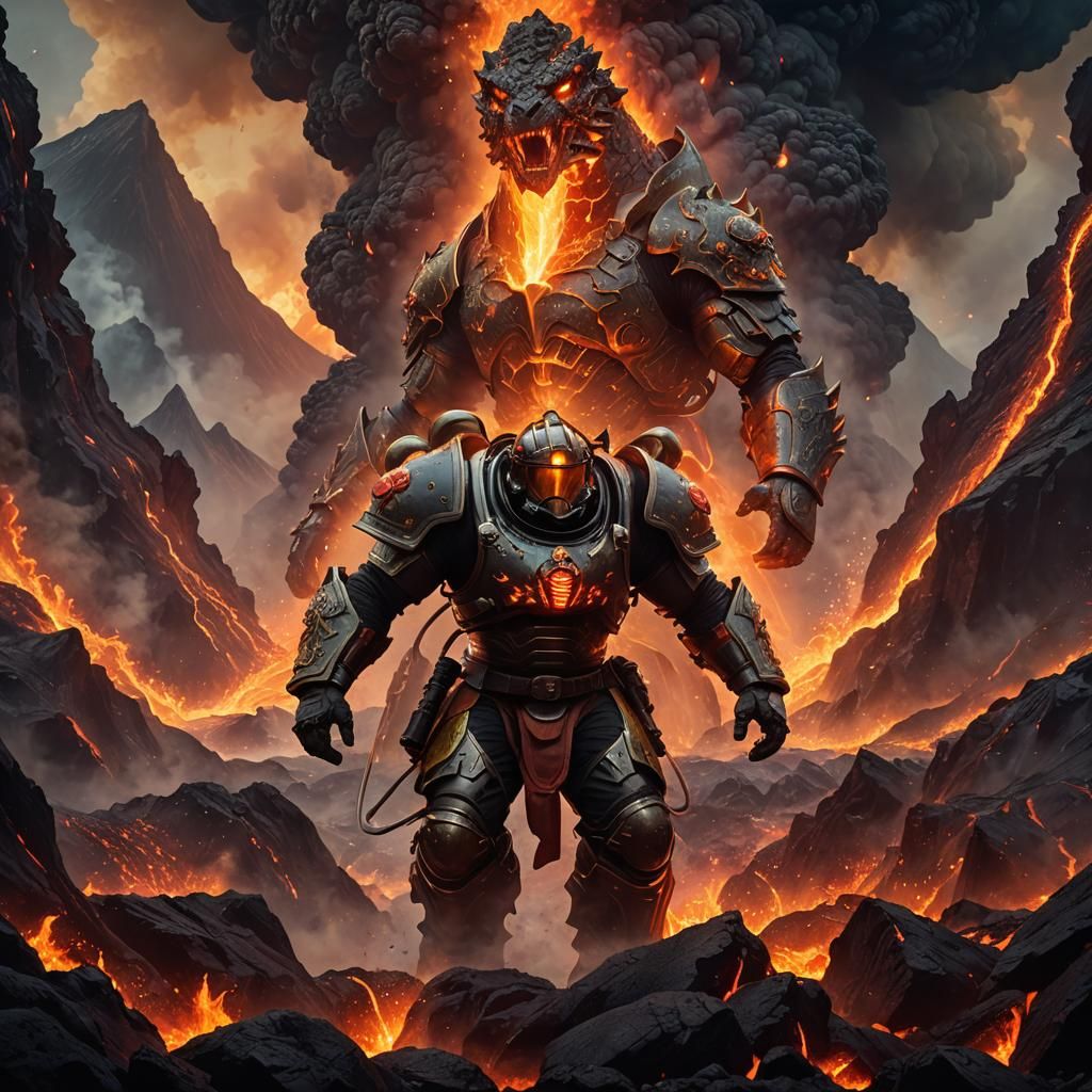 Fantasy Firefighter Versus Volcano in Greg Rutkowski Style