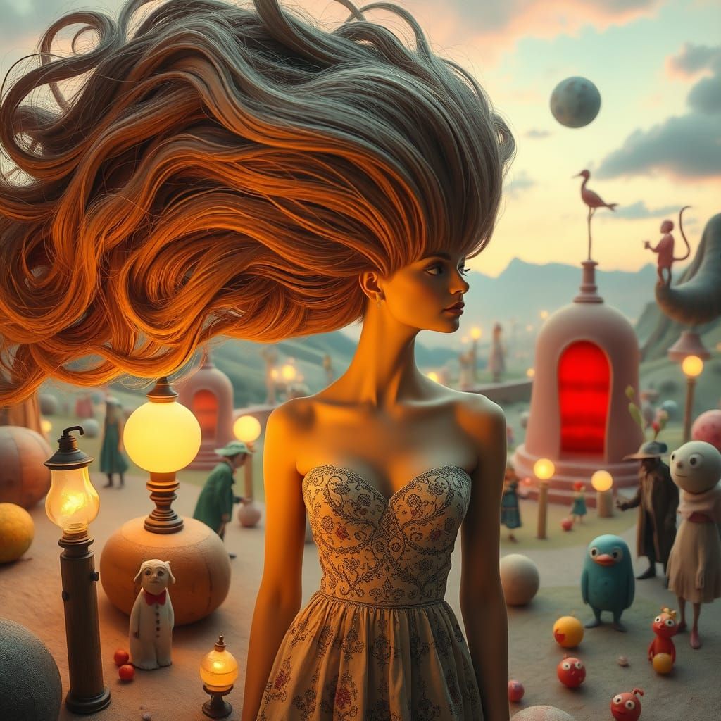 Woman with Surreal Hair in Dreamlike World