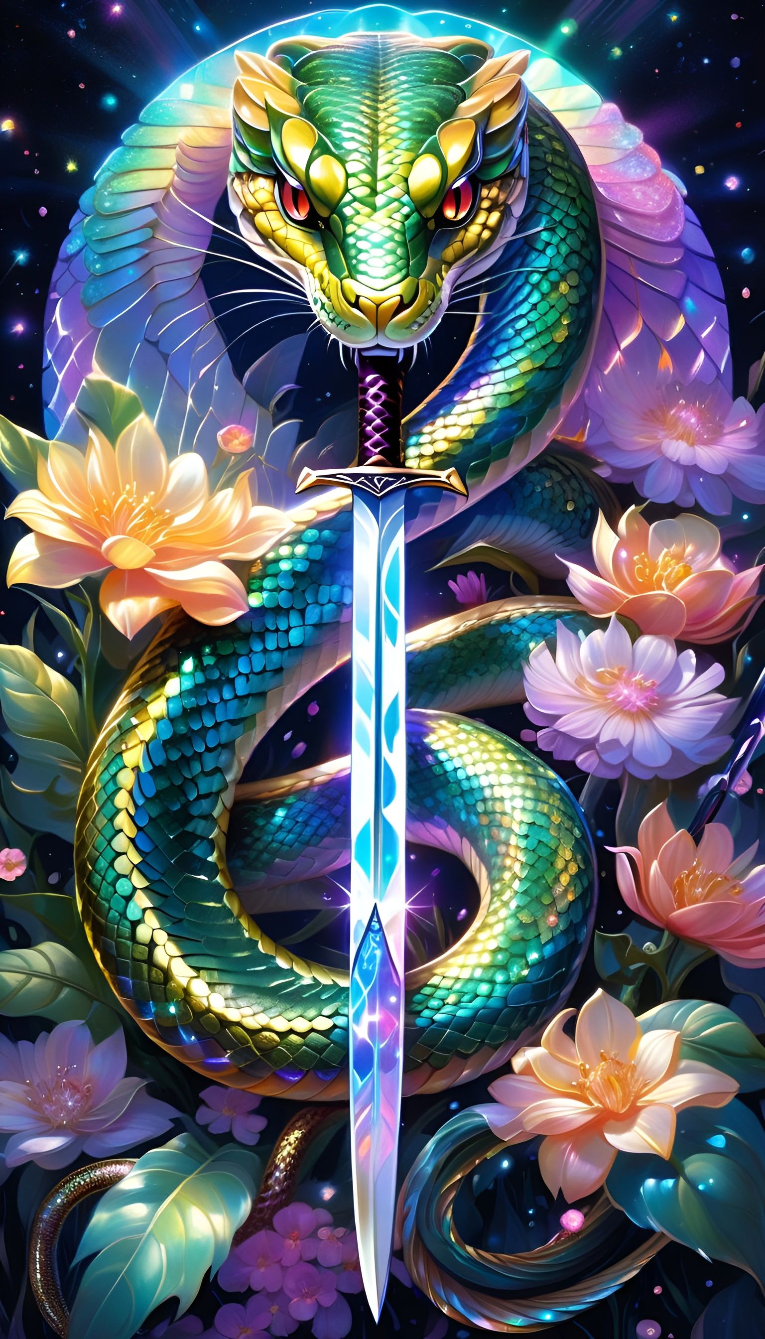 Holographic Snake with Sword in Watercolor Style