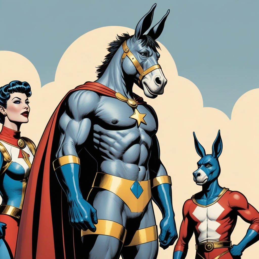 Anthropomorphic donkey superhero in golden age comic book style, speaking to his henchmen joined by his admiring female ...