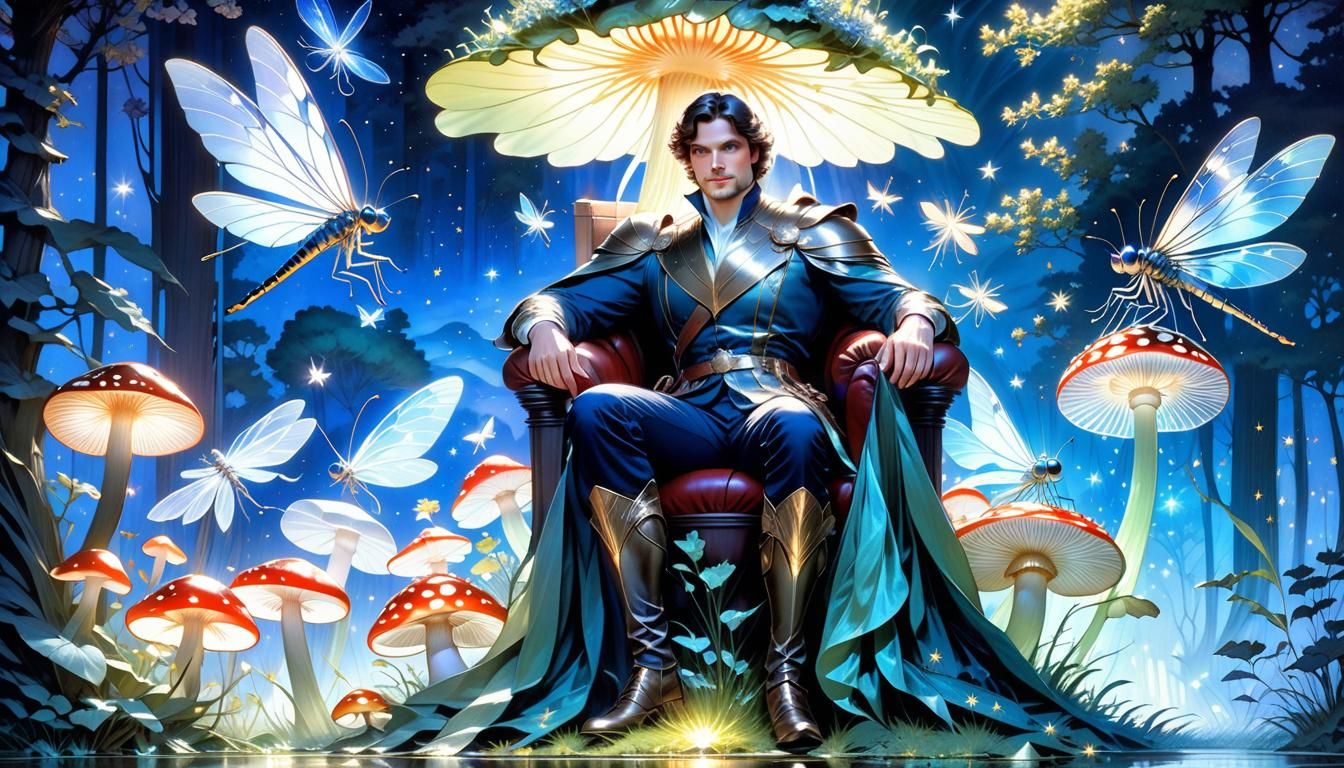 Fairy Prince on Bioluminescent Mushroom, Art Nouveau