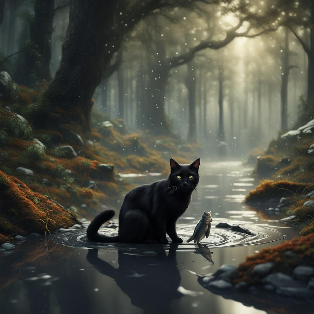 Black Cat's Rainy Feast: Detailed Matte Painting
