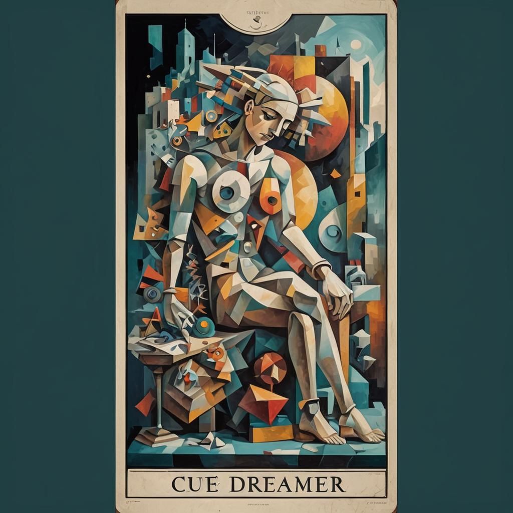 Mystical Dreamer in Cubist Cityscape, Digital Painting