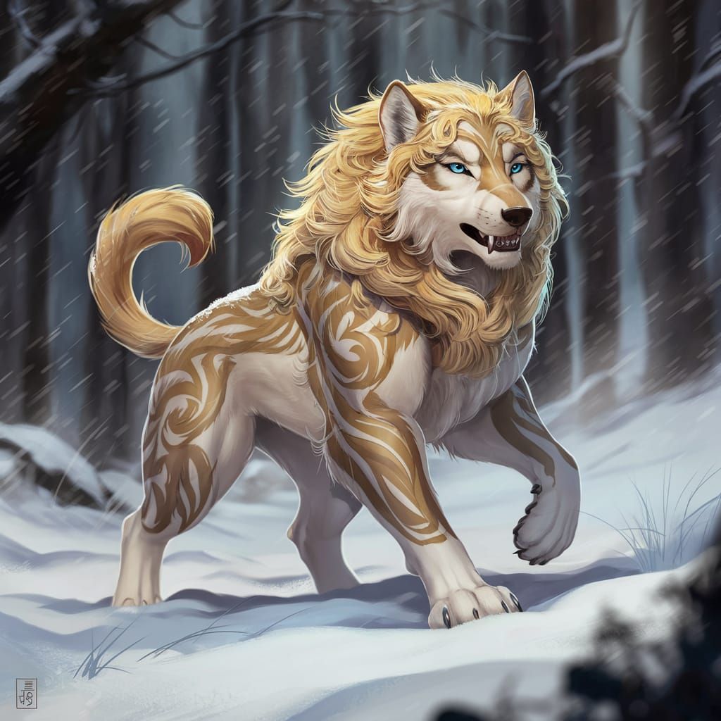 Anime-Style Wolf-Lion Hybrid in Snowy Forest