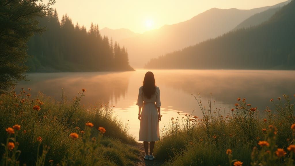 Woman Gazing at Lake in Cinematic Hyperrealism