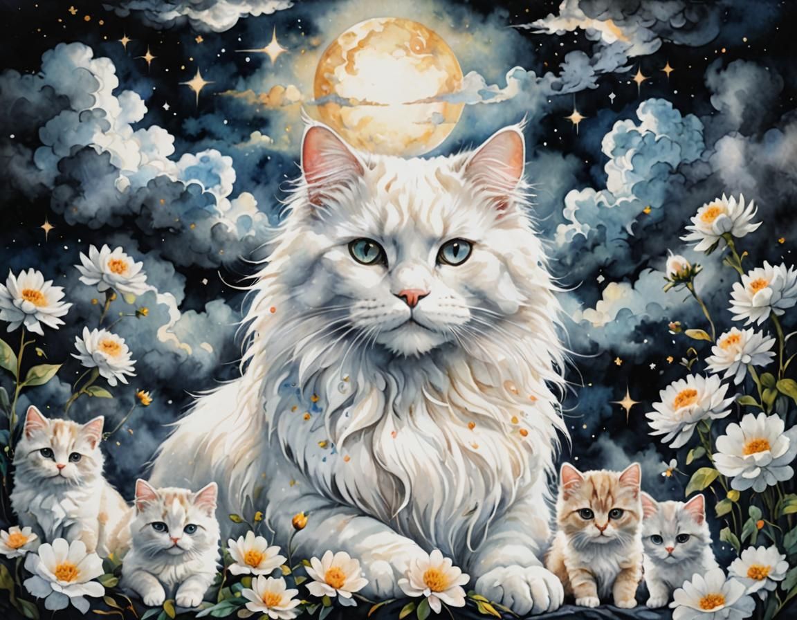 Watercolor Cat Family in a Magical Sky Scene