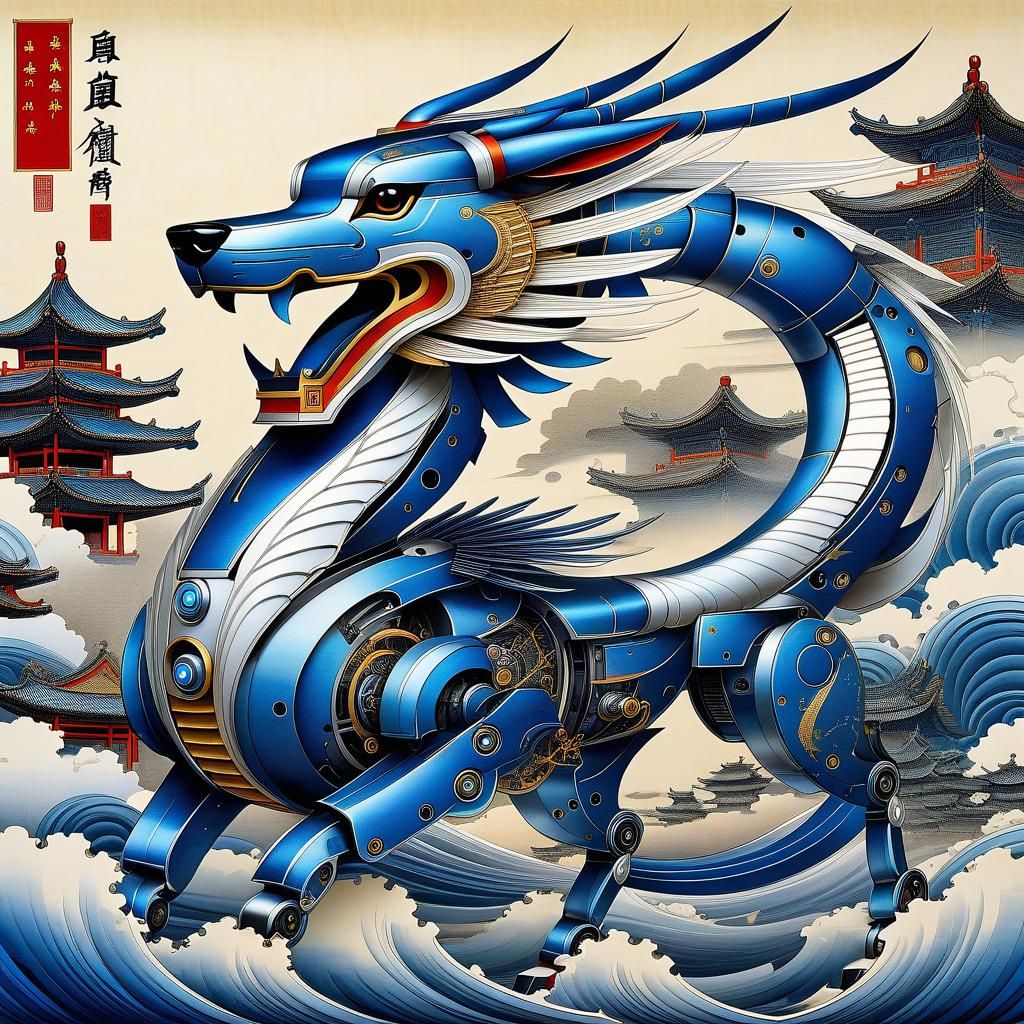 Chinese Robot Dog Illustration in Traditional Style