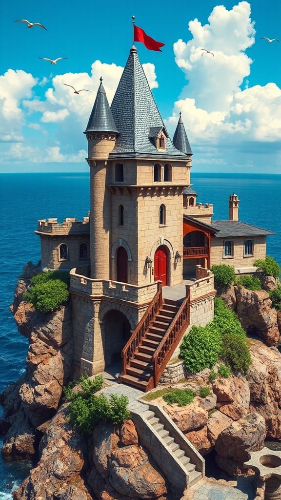 Medieval Fantasy Castle Perched on Rocky Cliff