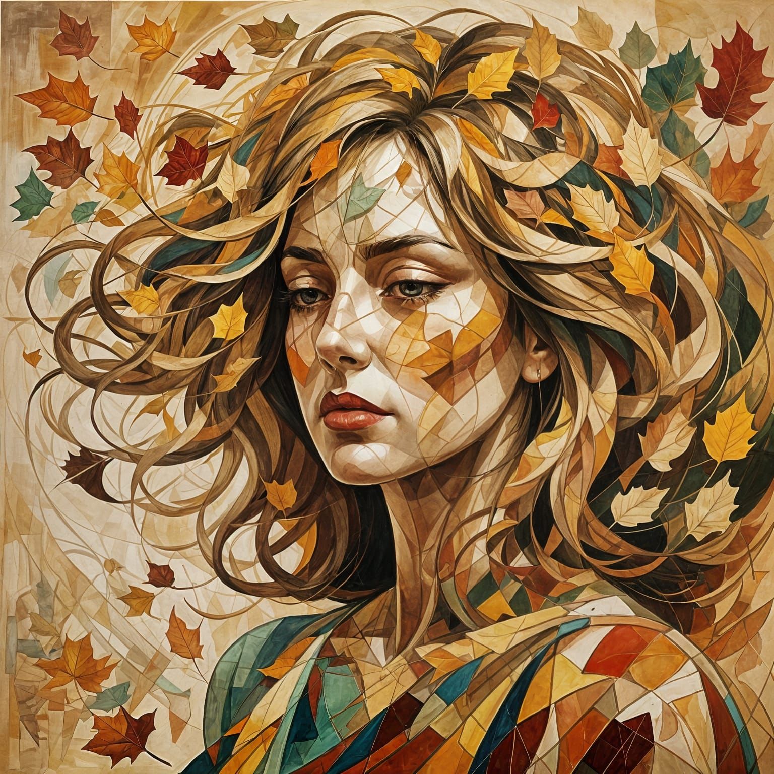 Woman with Autumn Leaves in Cubist Style