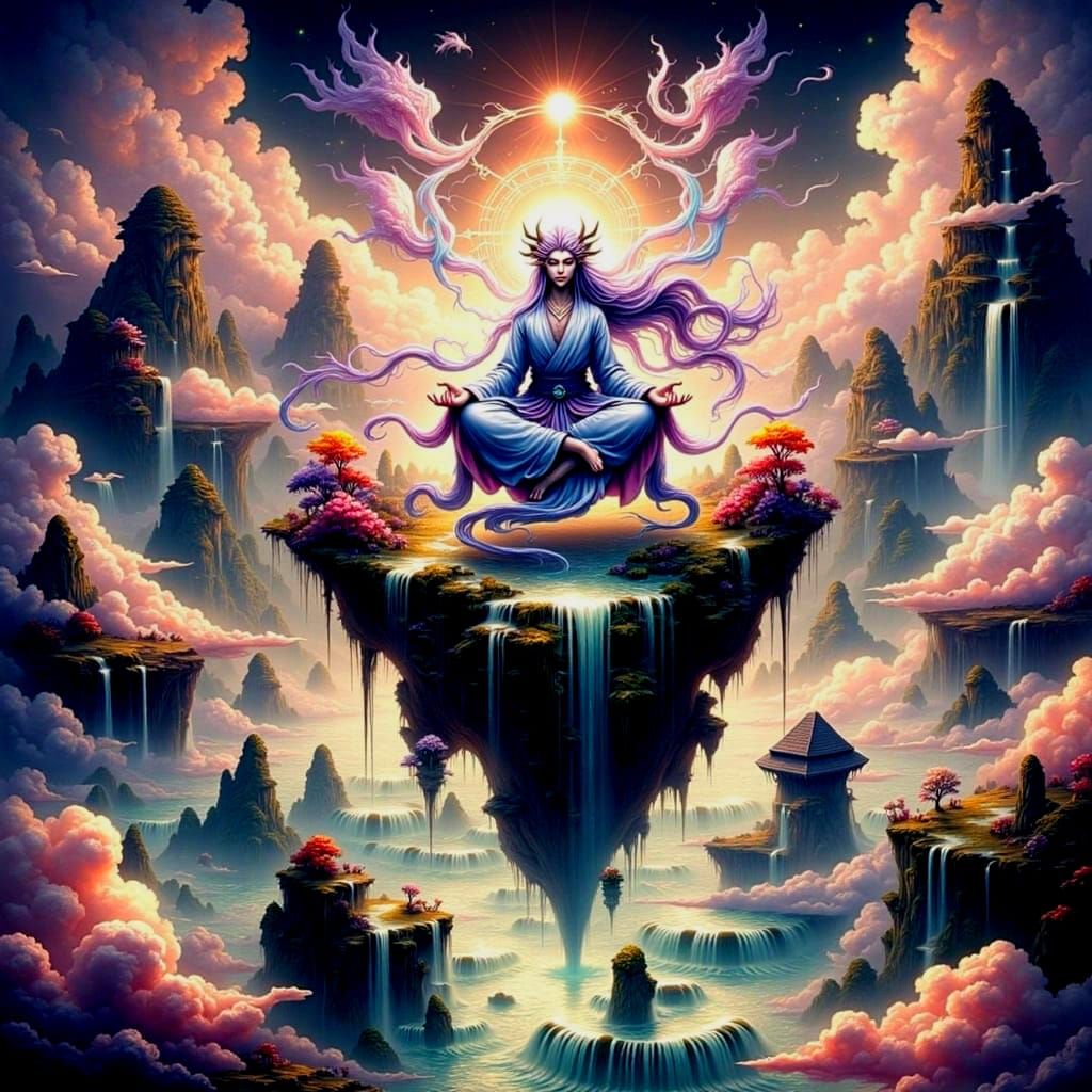Meditating Cultivator on Floating Island in High Fantasy Sty...