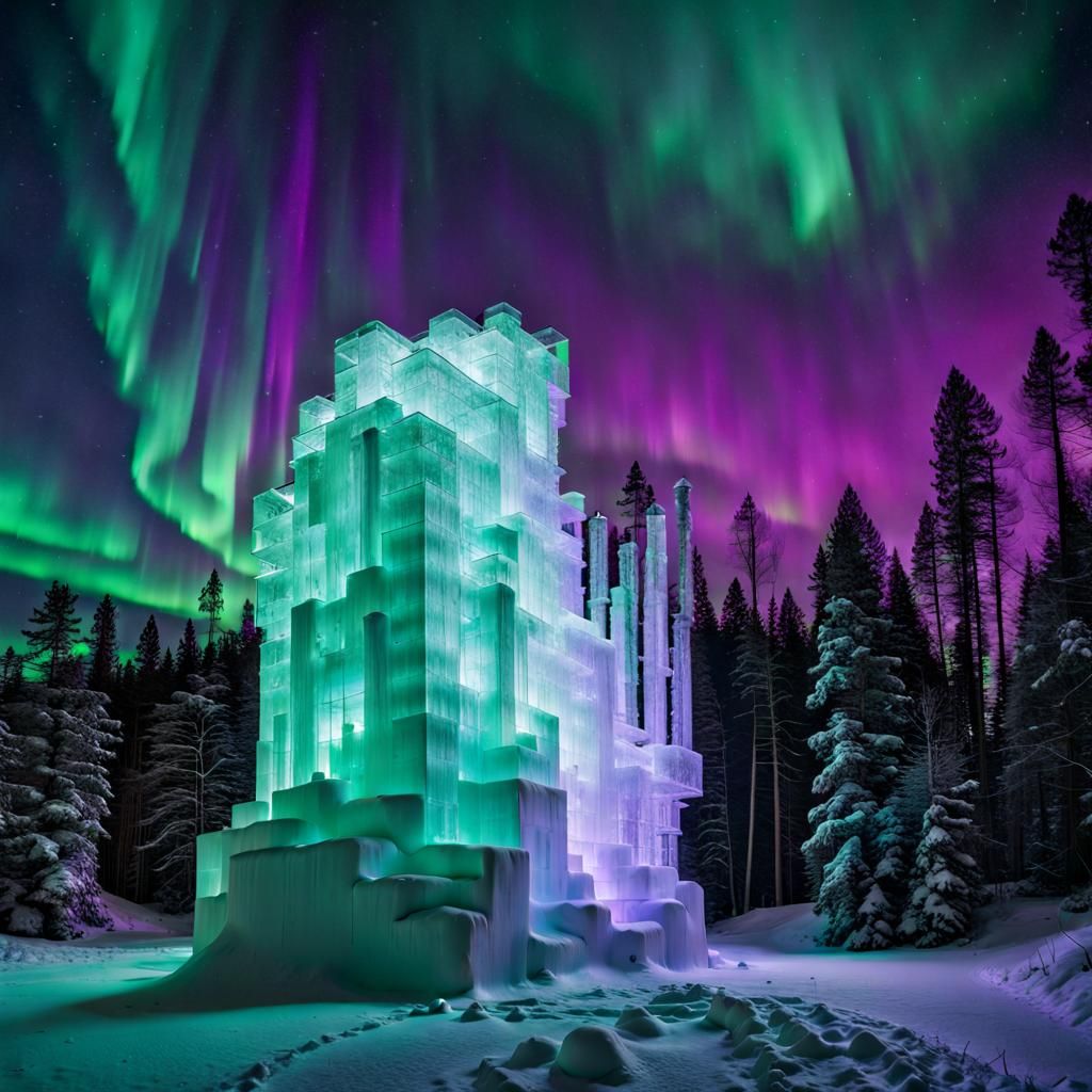 Brutalist Ice Sculpture Under Aurora Borealis