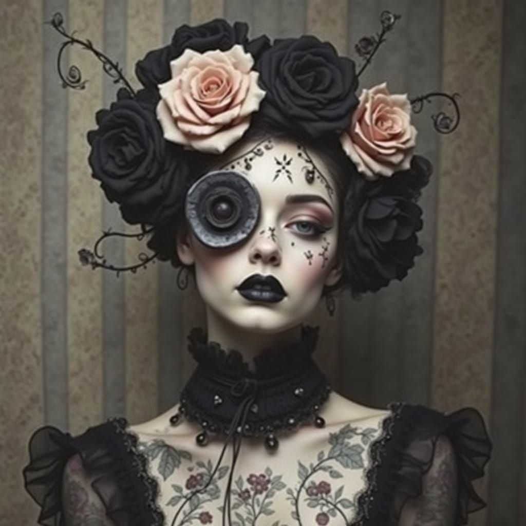 Gothic Grunge Lady with Roses, Velvet Nocturne Style