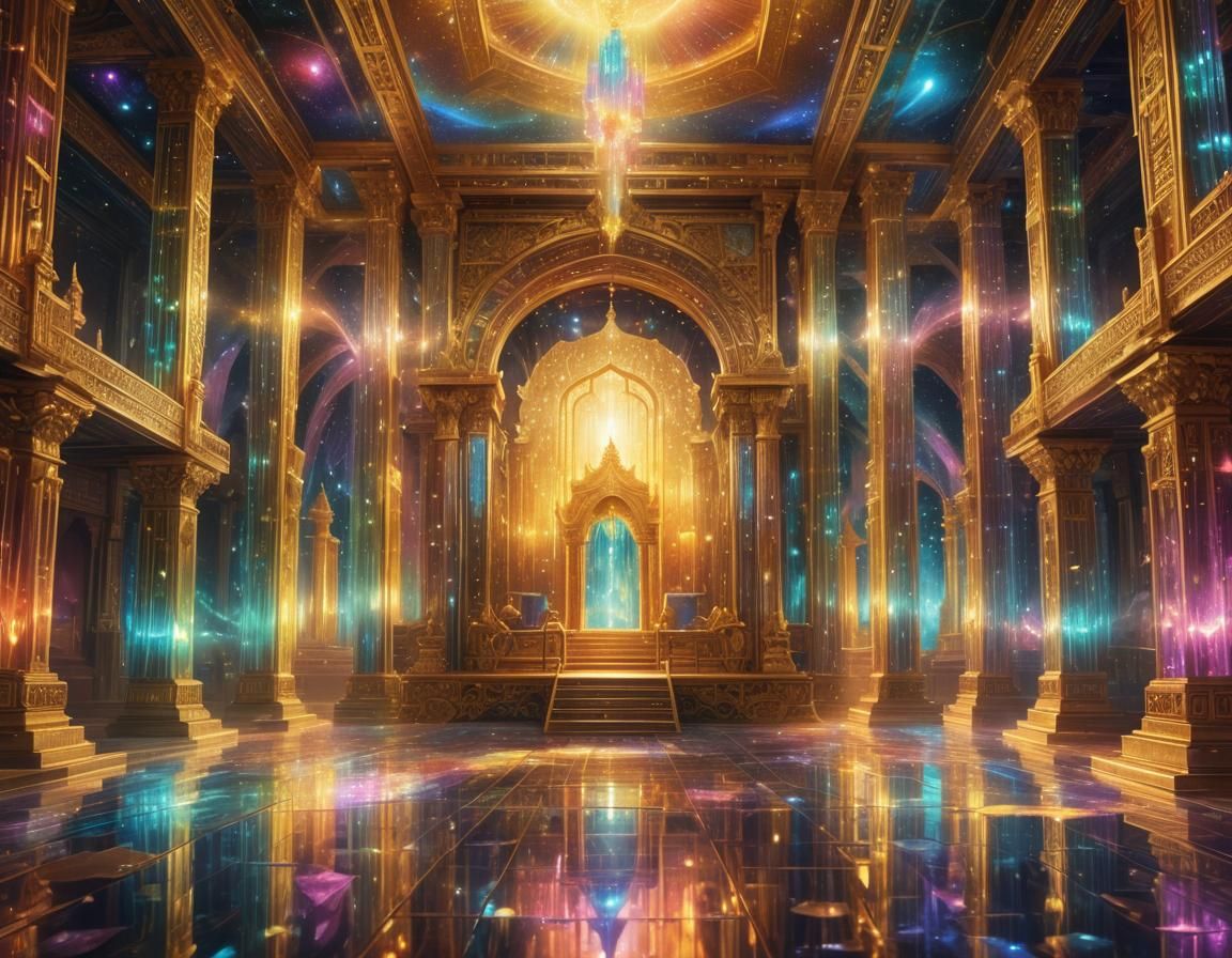 Golden Temple of Cosmic Wonder in Vibrant Iridescent Light