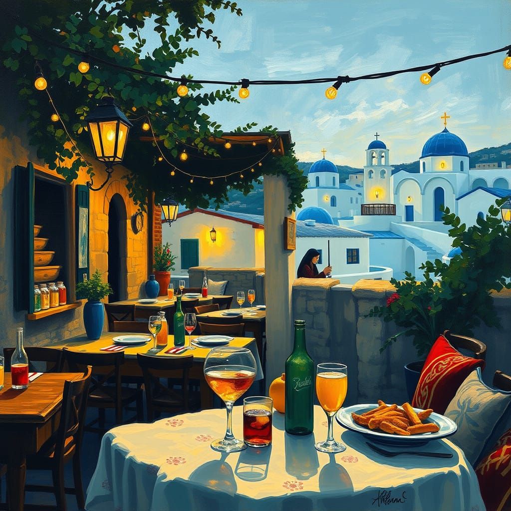 Impressionist Taverna Scene in Greek Village