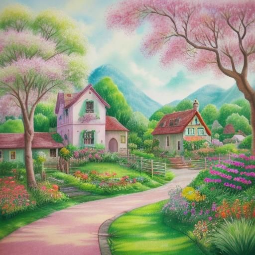 Charming Tiny Houses in Lush Valley, Watercolor Style