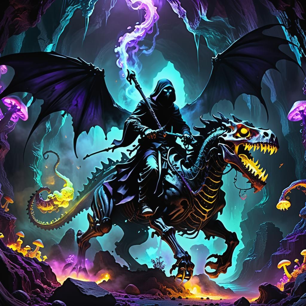 Grim Reaper Rides a Smoke Dragon, Dark Fantasy Art