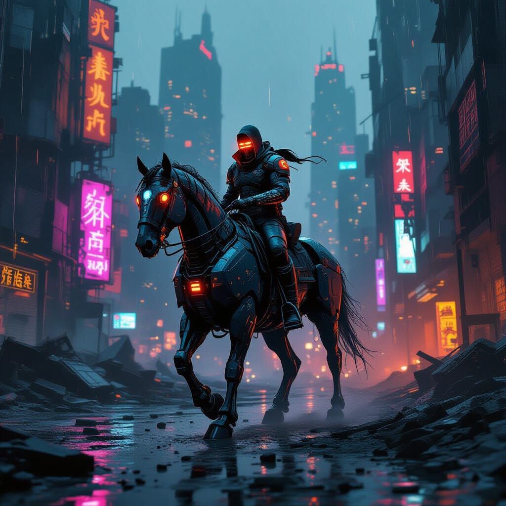Cyborg Gunslinger on Robotic Horse in Cyberpunk City