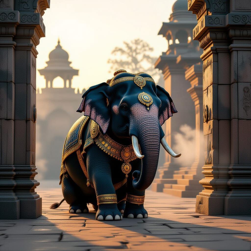 Indian Royal Elephant Kneels at Dawn Palace Gates