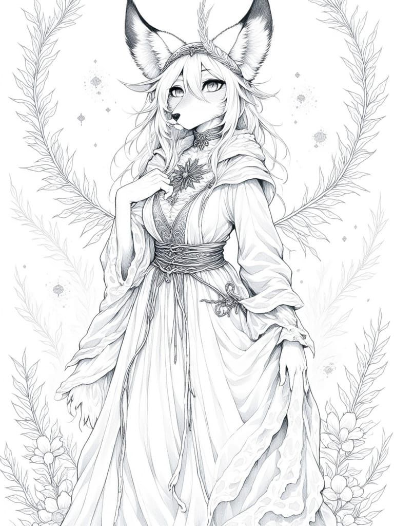 Cute Fox Witch in Gothic Cheongsam Coloring Page