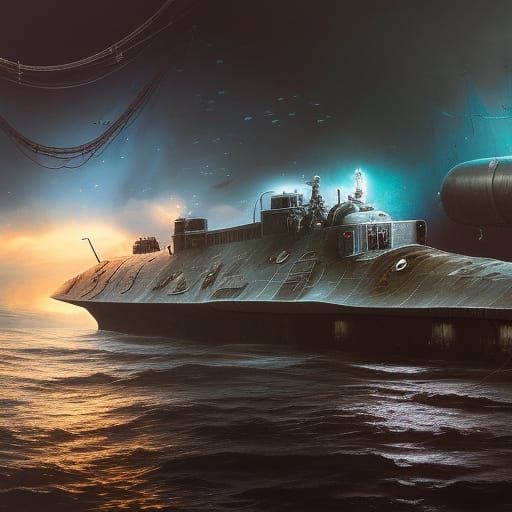 Bioluminescent WWII Submarine in Stormy Coral Reef