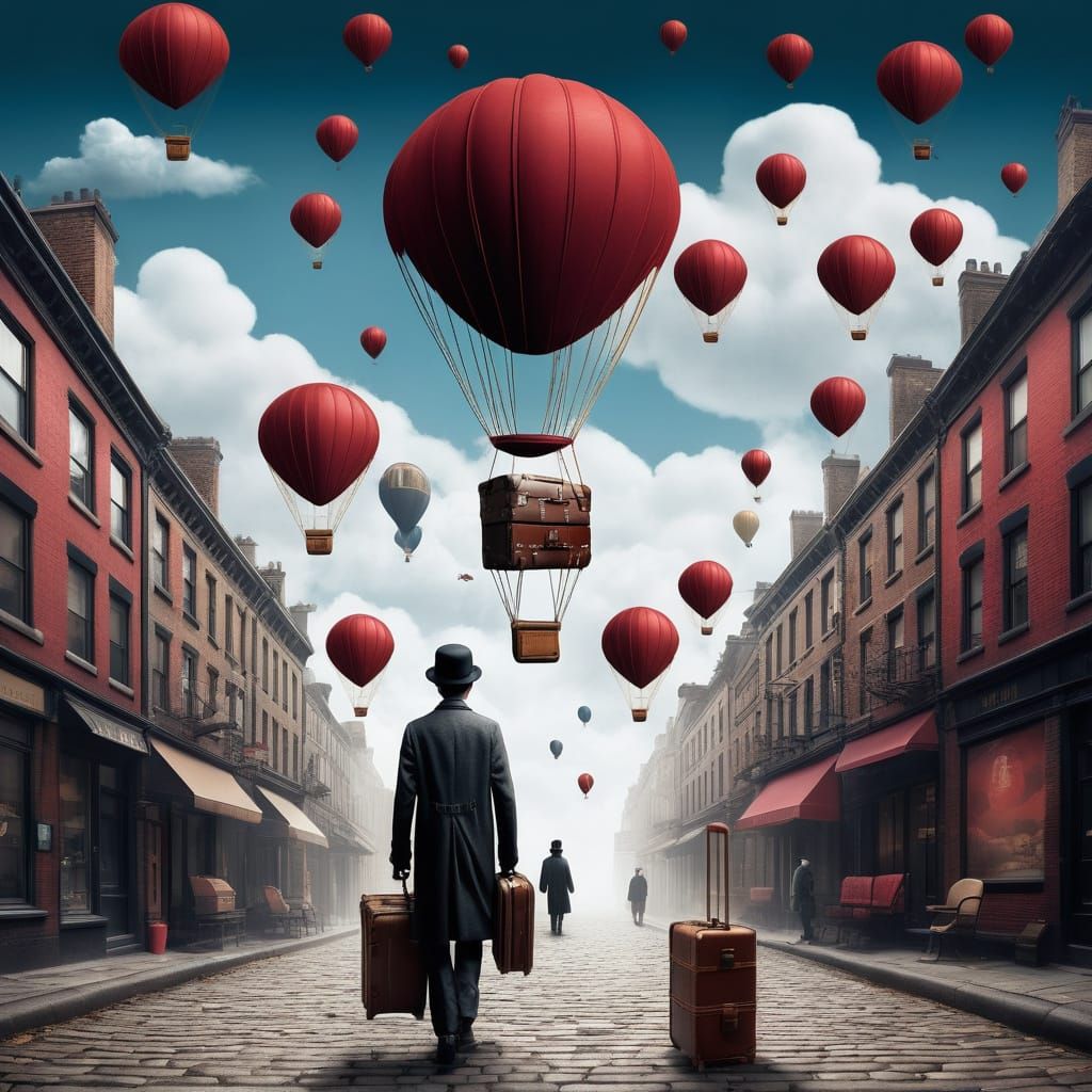 Surreal Cityscape of Vintage Suitcase Buildings with Hot Air...