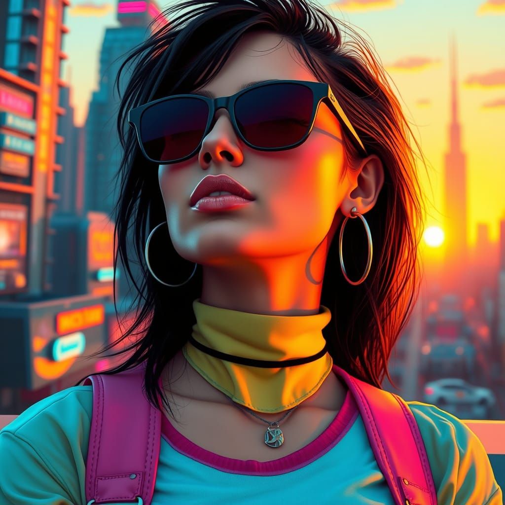 Serene Woman in Futuristic Cityscape, Retro-Futurism Style