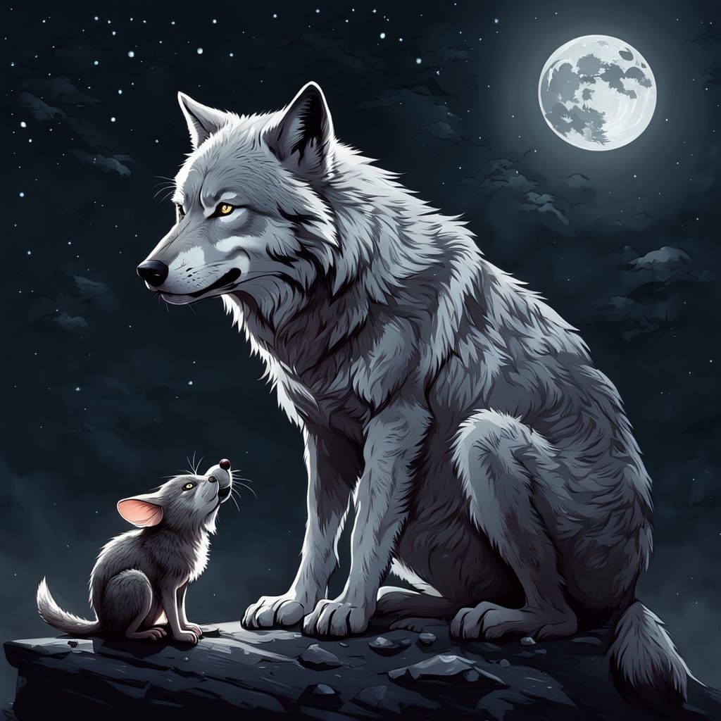 Wolf and Mouse Brotherhood Under Moonlight, Fantasy Art