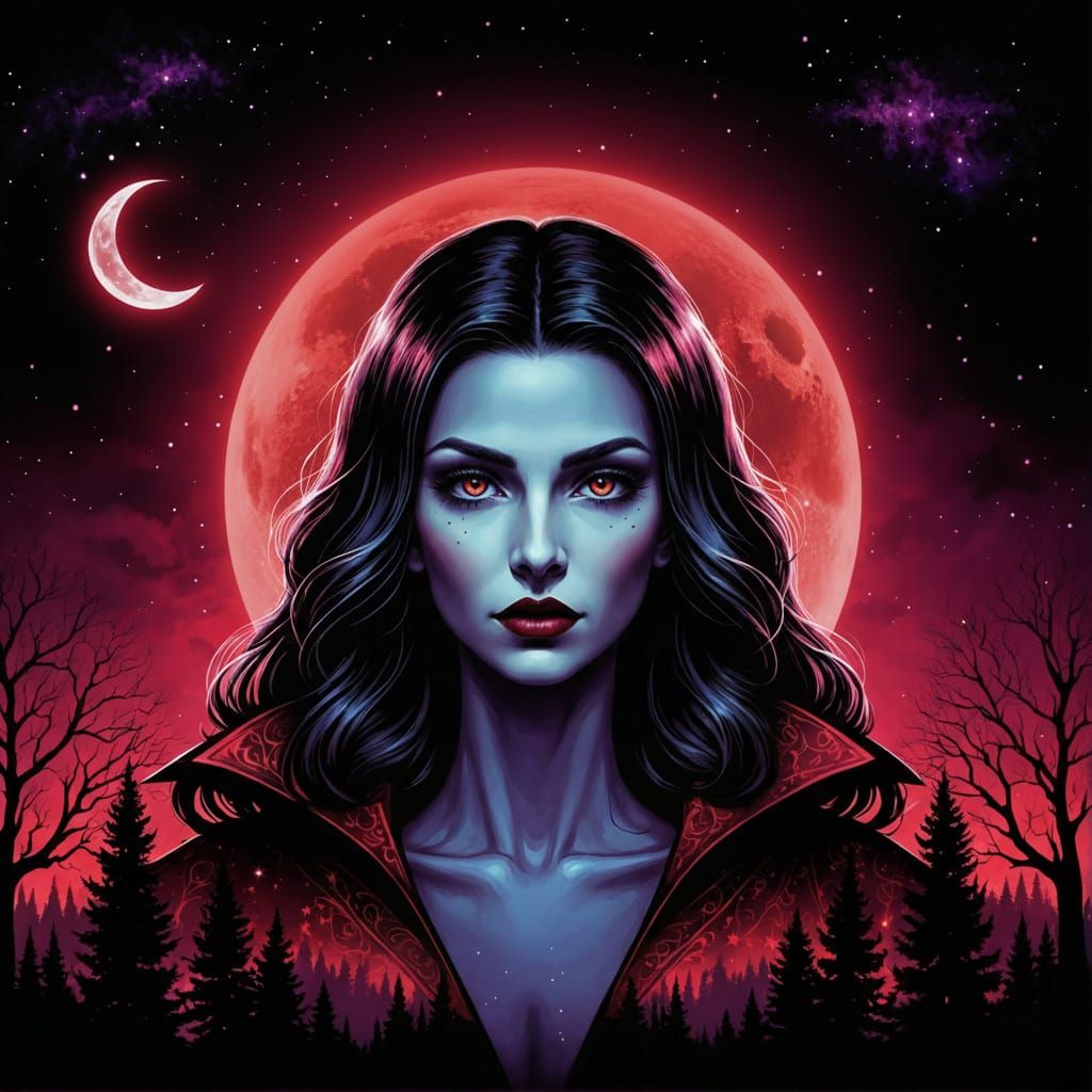 Vampire Woman Under Crimson Sky with Twinkling Stars
