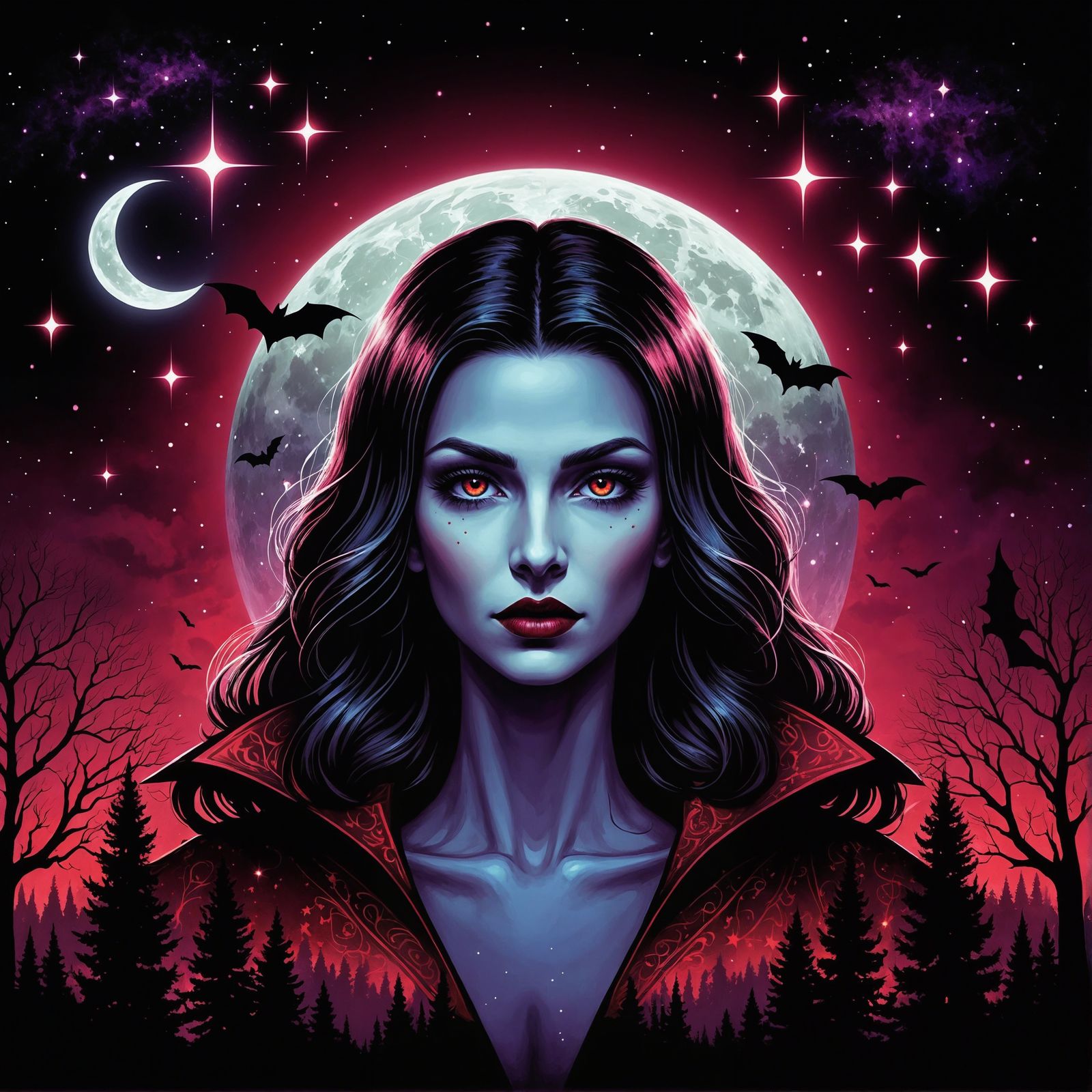 Vampire Woman Reflecting Moonlight in Fantasy Crimson Sky