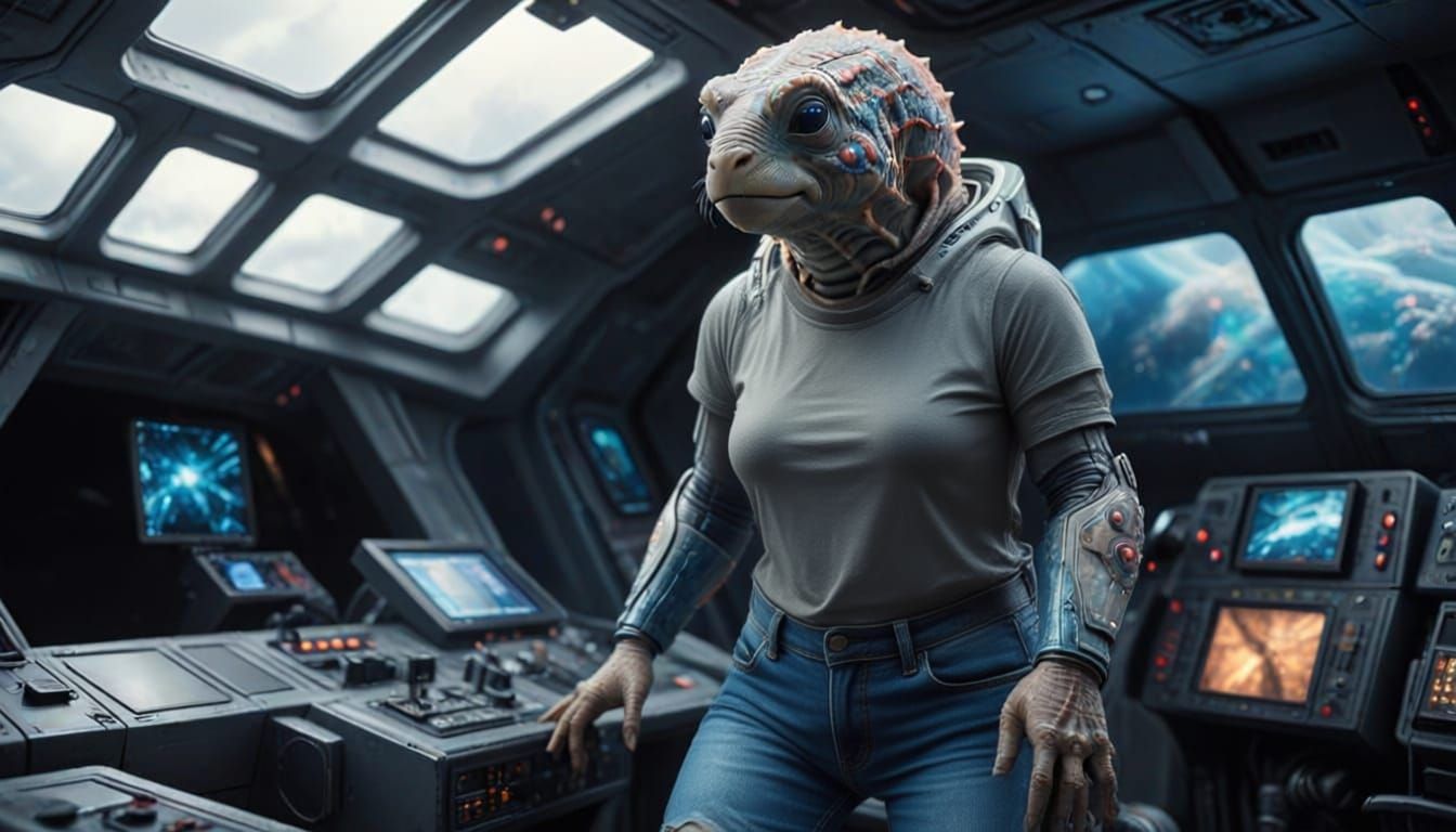 Tardigrade-like Woman in Futuristic Starship Cockpit