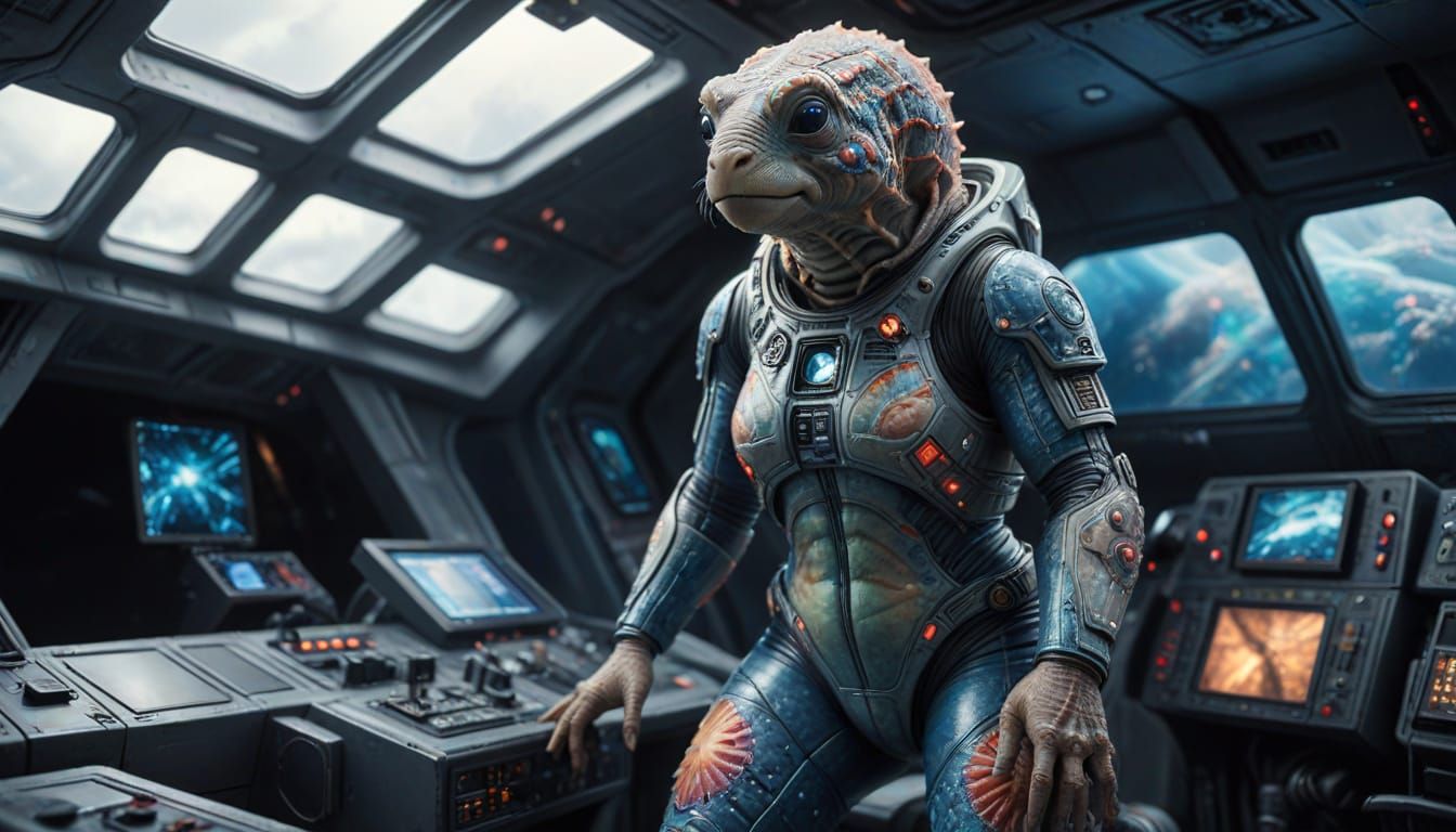 Tardigrade Woman in Futuristic Starship Cockpit