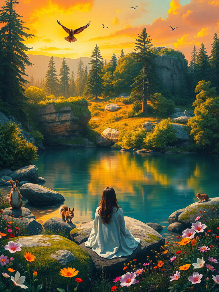 Lush Forest Scene for Self-Discovery, in Surrealist Style