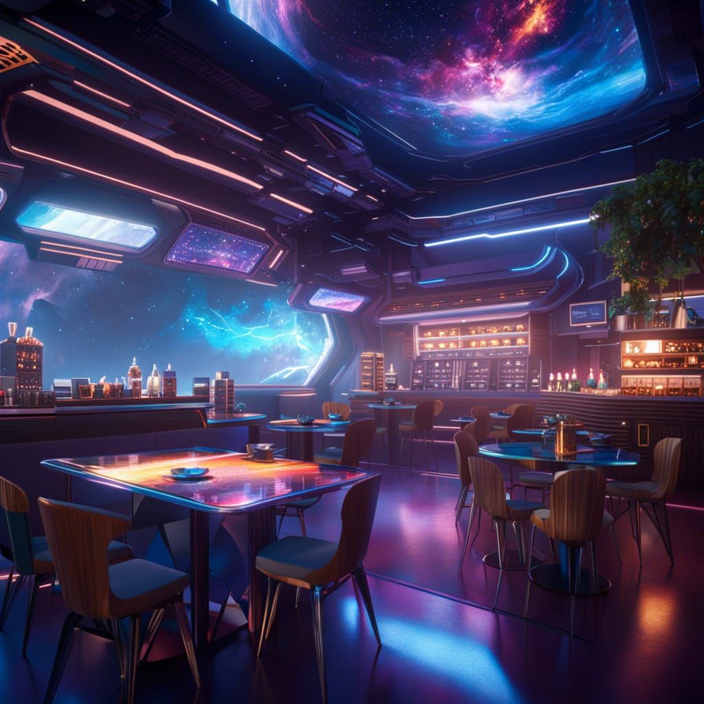 Futuristic Space Cafe with Nebula Background