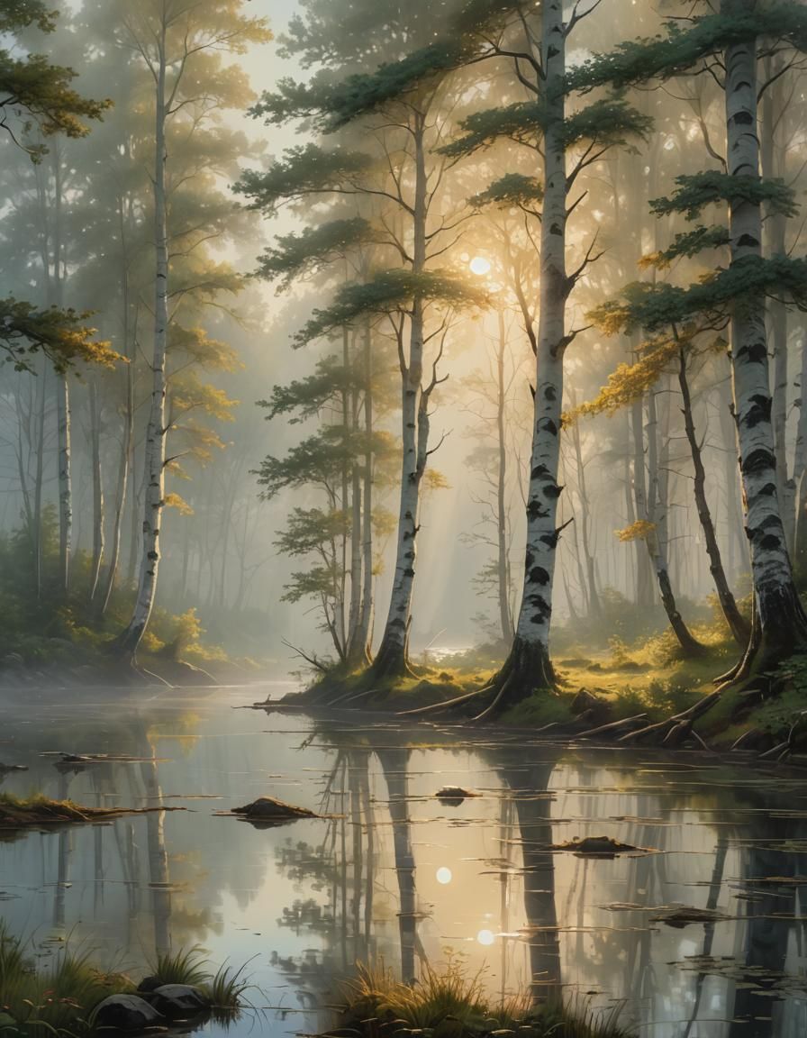 Misty Forest Reflection in Golden Light