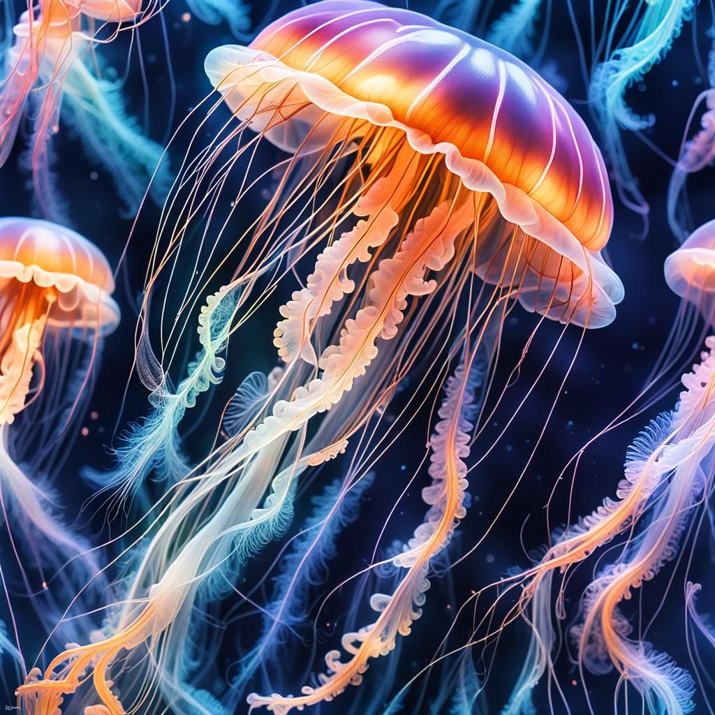 Glowing Jellyfish in Misty Ocean: Dreamlike Bioluminescence