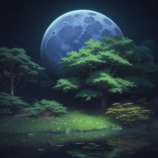 Glowing Moon Over Lush Foliage: Anime-Inspired 3D Art