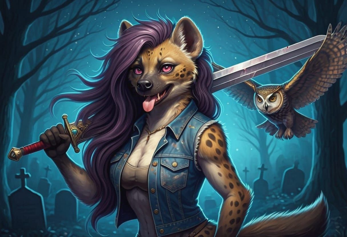 Gorgeous She-Hyena Warrior in Forest Graveyard at Twilight