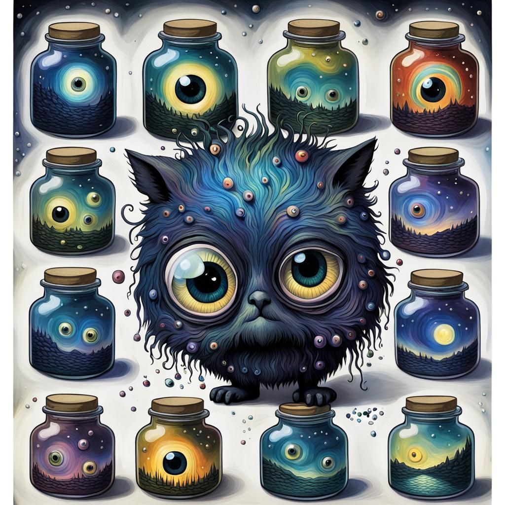Gothic Creature Holding Jars of Dreams