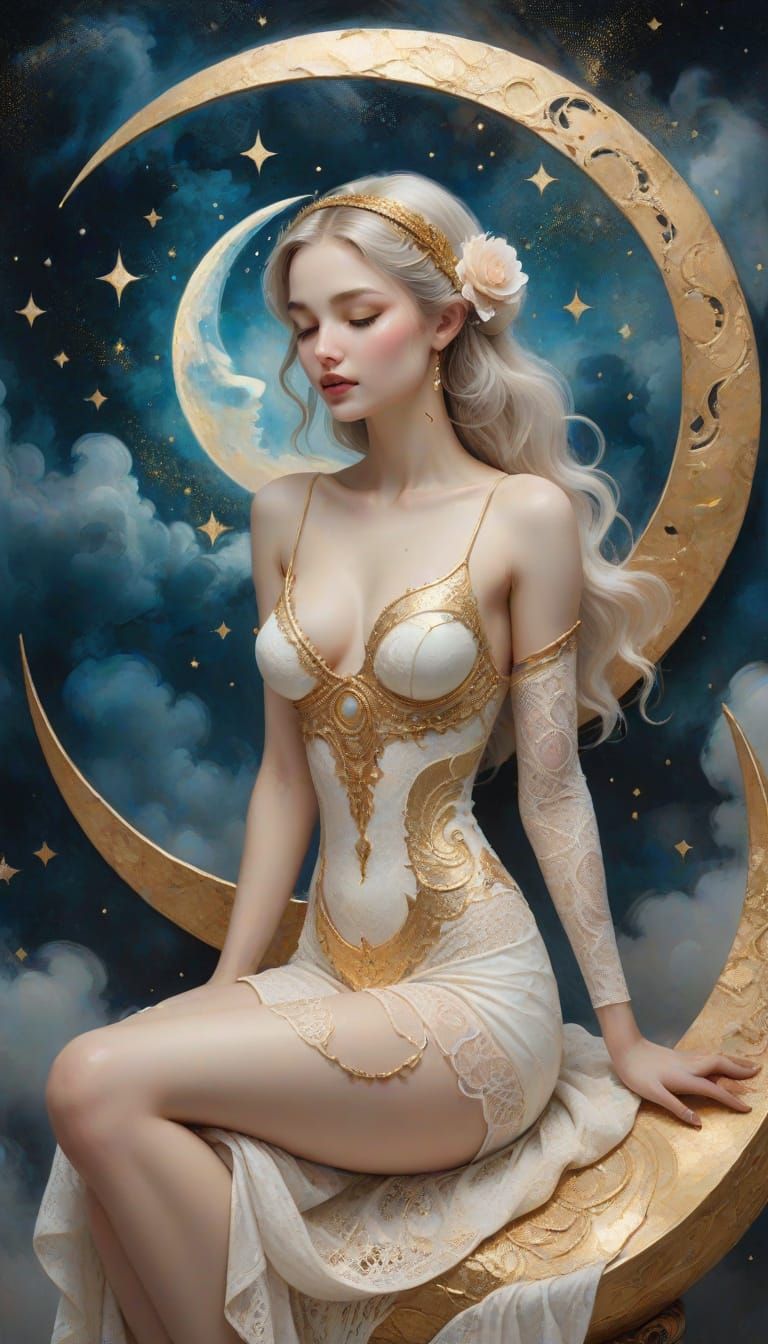 Woman in Lace on Moon: Ethereal Painting