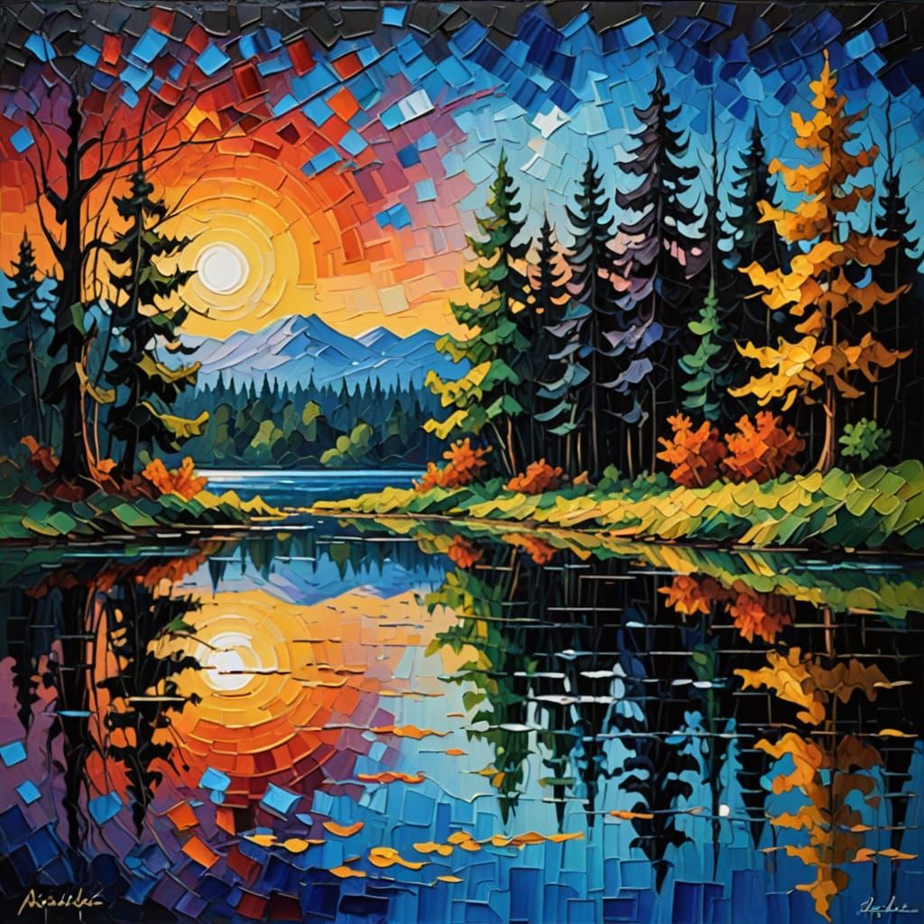 Dark Silhouettes of Trees on a Still Lake in the Dead of Nig...